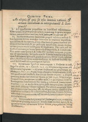 Quaestio Prima. An aliquis & quis sit usus luminis rationis & artium liberalium in interpretanda S. Scriptura?