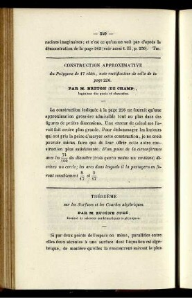 Théorème sur les Surfaces et les Courbes algébriques.