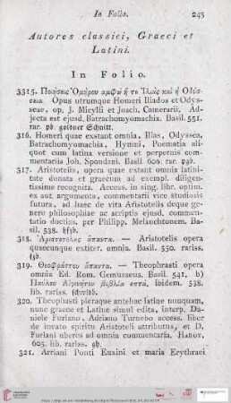 Autores classici, Graeci et Latini (Nr. 3315 - 3425)