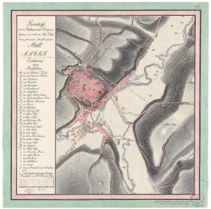 Grundriss der Stadt Adorf, ca.1:3 000, Handzeichnung, 1794 : Grundriß der im Voigtlaendischen Kreiße gelegenen, und unter das Amt Voigtsberg gehoerigen schriftsäßigen Stadt Adorf / aufgenommen und gezeichnet von Johann Carl Anton Ulrich, Ingenieurs Unter Officier im Jahr 1794. - [Ca. 1:3 000]. - [S.l.] , 1794. - 1 Kt. : mehrfarb. , 39 x 50 cm