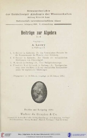 1925, 5. Abhandlung: Sitzungsberichte der Heidelberger Akademie der Wissenschaften, Mathematisch-Naturwissenschaftliche Klasse: Beiträge zur Algebra : 1/4