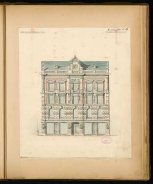 Hotel garni Monatskonkurrenz Februar 1880: Aufriss Straßenansicht; Maßstabsleiste