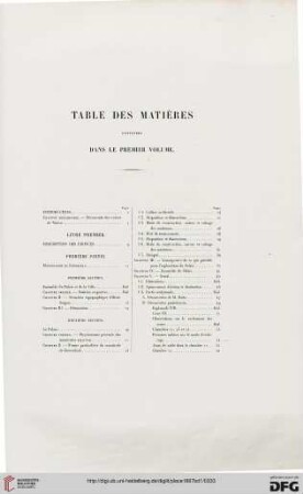 Table de matières contenues dans le premier volume