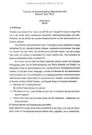 Literatur im kommunikativen Sprachunterricht. Warum? Was? Wie?
