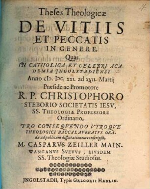 Theses Theologicae De Vitiis Et Peccatis In Genere