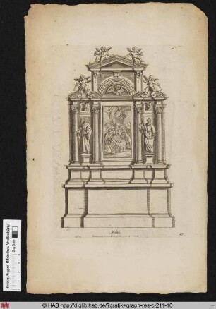 Entwurf für einen Altar nach der Architektur mit der Darstellung der Heiligen Familie im Stall, flankiert von der Heiligen Barbara und dem Heiligen Thomas; darüber verschiedene Putti mit Fanfaren und Kränzen.