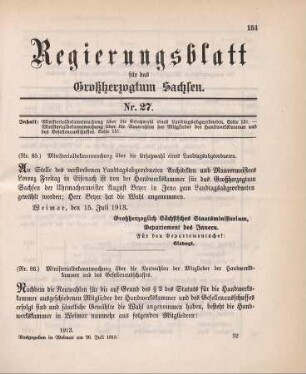 Nr. 85: Ministerialbekanntmachung über die Ersatzwahl eines Landtagsabgeordneten