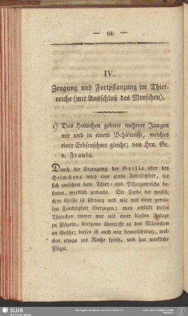 IV. Zeugung und Fortpflanzung im Thierreiche (mit Ausschluß des Menschen)