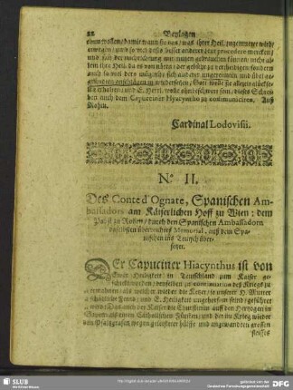 No. II. Des Conde d'Ognate, Spanischen Ambassadors am Käiserlichen Hoff zu Wien
