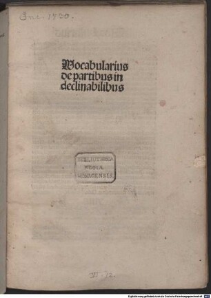 Vocabularius de partibus indeclinabilibus : mit Vorrede an den Leser