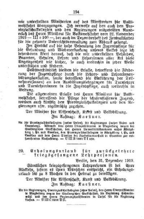 Erholungsurlaub für zurückgekehrte kriegsgefangene Lehrpersonen : [D. Allgemeine Angelegenheiten der Unterrichtsanstalten]
