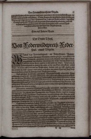 Der Dritte Theyl. Von Federwildtpreth, Federspiel, unnd Vögeln.