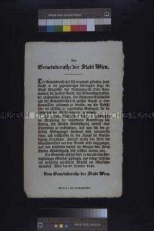 Maueranschlag: Mitteilung des Gemeinderates der Stadt Wien über die Bildung einer Deputation für Verhandlungen mit dem Fürsten Windischgrätz; Wien, 27. Oktober 1848