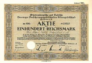 Aktie der Württembergischen und Badischen Vereinigten Versicherungsgesellschaften AG Heilbronn Nr. 24527 (Wüba)