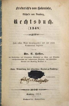 Friederich's von Hohenlohe, Bischof's von Bamberg, Rechtsbuch : (1348)