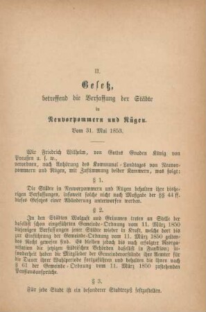 II. Gesetz, betreffend die Verfassung der Städte in Neuvorpommern und Rügen