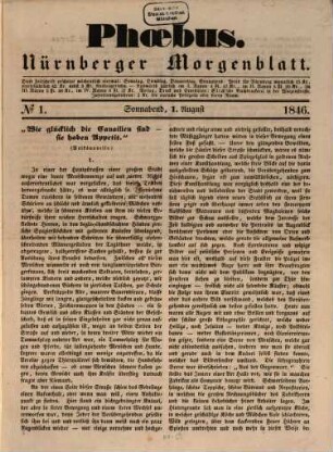 Phoebus : Nürnberger Morgenblatt ; für Leser aller Stände. 1846 = [Jg. 1]