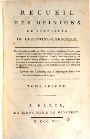Recueil Des Opinions De Stanislas De Clermont-Tonnerre. 2