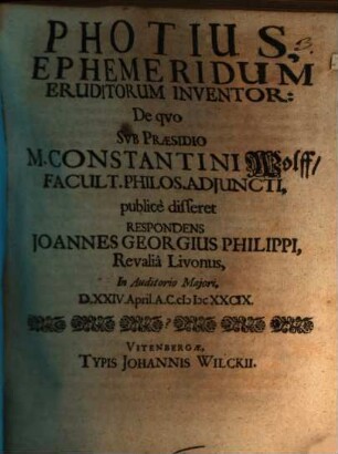 Photius, ephemeridum eruditorum inventorum