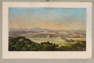 Aussicht vom Großen Winterberg in der Sächsischen Schweiz nach Süden ins Elbtal und auf die Tafelberge, aus Richters 30 An- und Aussichten zum Taschenbuch für die Sächsische Schweiz