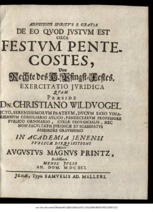 De Eo Quod Iustum Est Circa Festum Pentecostes : Exercitatio Iuridica