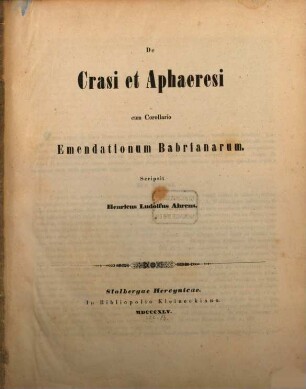 De Crasi et Aphaeresi ann Corollario Emendationum Babrianarum
