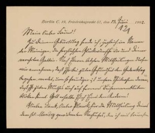 121: Brief von Reinhold Johow an Gottlieb Planck, Berlin, 23.6.1902