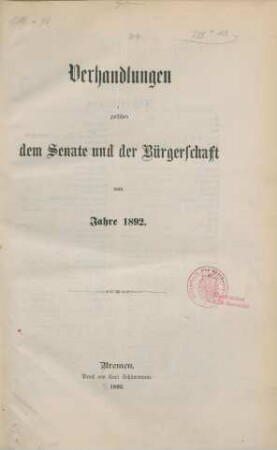 1892: Verhandlungen zwischen dem Senat und der Bürgerschaft
