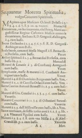 Sequuntur Motetta Spiritualia, vulgo Concerti Spirituali.