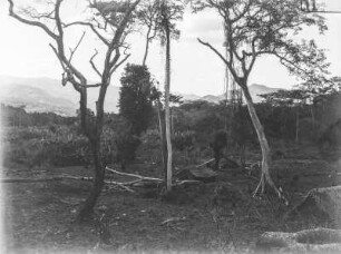 Lagerplatz : Blick über den Platz eines Lagers der Forschungsreisenden auf die bergige Landschaft. In der Bildmitte sind kleine Hütten erkennbar