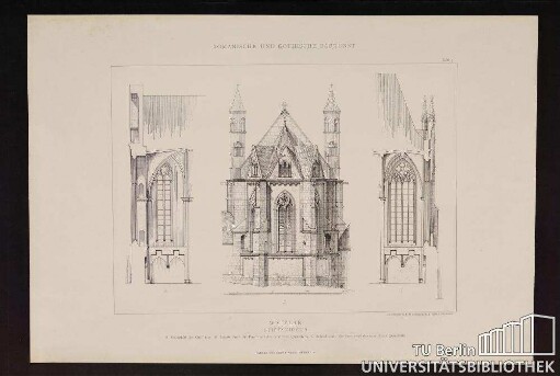 Wetzlar Stiftskirche A Ostansicht des Chorbaues. B Schnitt durch die Frontwand des südlichen Querschiffs. C Schnitt durch die Frontwand des nördlichen Querschiffs