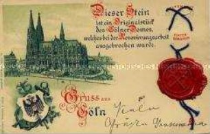 Postkarte mit Originalstein des Kölner Doms