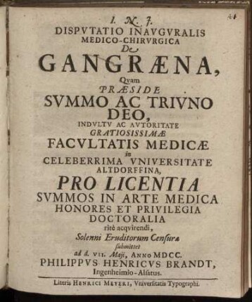 Disputatio Inauguralis Medico-Chirurgica De Gangraena