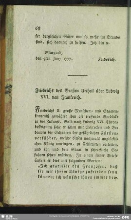 Friedrichs des Großen Urtheil über Ludwig XVI. von Frankreich