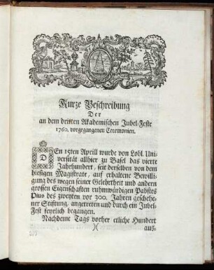 Kurze Beschreibung der an dem dritten Akademischen Jubel-Feste 1760. vorgegangenen Ceremonien.