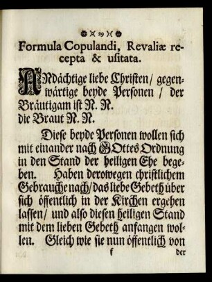 Formula Copulandi, Revaliae recepta & usitata.