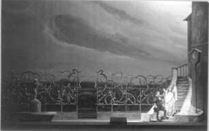 Don Giovanni (Don Juan). Oper von W. A. Mozart. Staatsoper Dresden, Neuinszenierung 17.4.1924 : Szenenbild 1. Bild, Max Hirzel als Don Ottavio und Charlotte Viereck als Donna Anna