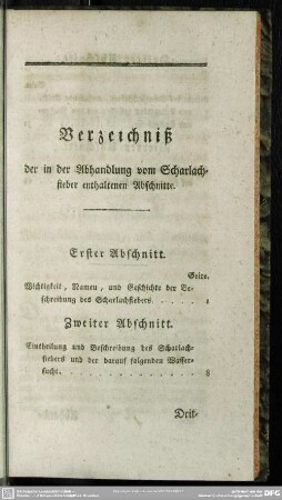 Verzeichniß der in der Abhandlung vom Scharlachfieber enthaltenen Abschnitte