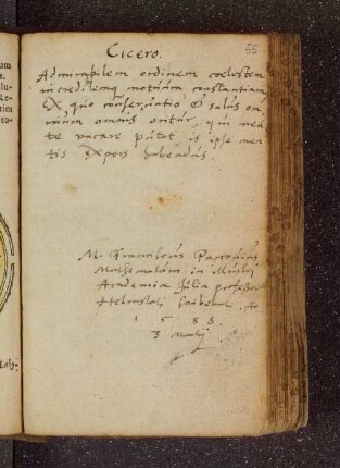 Franciscus Parcovius. – Incipit: Admirabilem ordinem coelestem incredibilemquemotuum constantiam. – Helmstedt, 03.03.1588