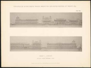 Wettbewerb Museumsinsel, Berlin: Projekt V, Ansicht vom Kupfergraben, Ansicht von der Spree (aus: Concurrenzentwürfe wegen Bebauung d. Museumsinsel zu Berlin. Auswahl d. preisgekrönten u. besten Entwürfe, Berlin 1884)