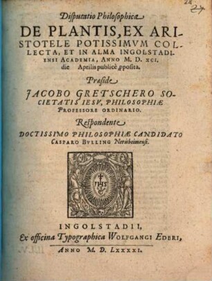 Disputatio philosophica De plantis, ex Aristotele potissimum collecta
