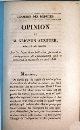Opinion de M. Grignon-Auzouer, Député du Loiret, sur les Impositiones indirectes ...