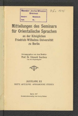 20.1917: Mitteilungen des Seminars für Orientalische Sprachen an der Friedrich Wilhelms-Universität zu Berlin