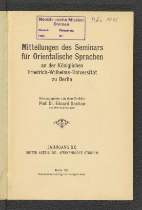20.1917: Mitteilungen des Seminars für Orientalische Sprachen an der Friedrich Wilhelms-Universität zu Berlin