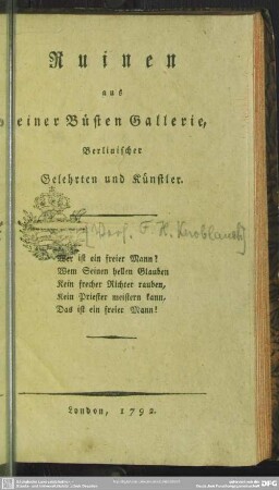 Ruinen aus einer Büsten Gallerie, Berlinischer Gelehrten und Künstler