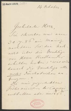 Brief an B. Schott's Söhne : 14.10.1886