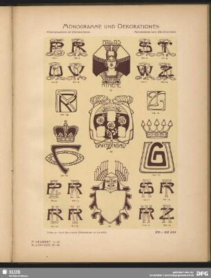 Adels-Monogramme mit Krone, Dekorationen [Schilder], Embleme [Gartenbau], Leisten und Vignetten