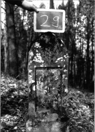 Grabstein 29 (Index: 100090627) Material: Sandstein Zustand: Schriftplatte fehlt Maße HxBxT: 93x32x14 cm Beschreibung: Stele, Sockel, Spitzbogenabschluß, rechteckiges Schriftfeld eingetieft: Grabstein 29