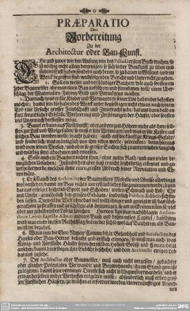 PRAEPARATIO oder Vorbereitung Zu der Architectura oder Bau-Kunst.