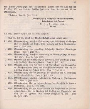 Nr. 132: Inhaltsverzeichnis aus dem Reichs-Gesetzblatt